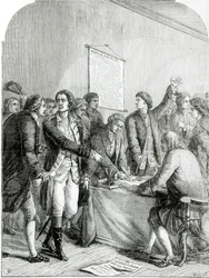 Signing the United States Declaration of Independence, Engraved by J. Knight